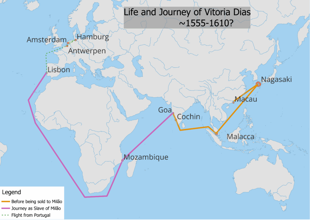 Map of the life and journey of Vitoria Dias from around 1555 to 1610